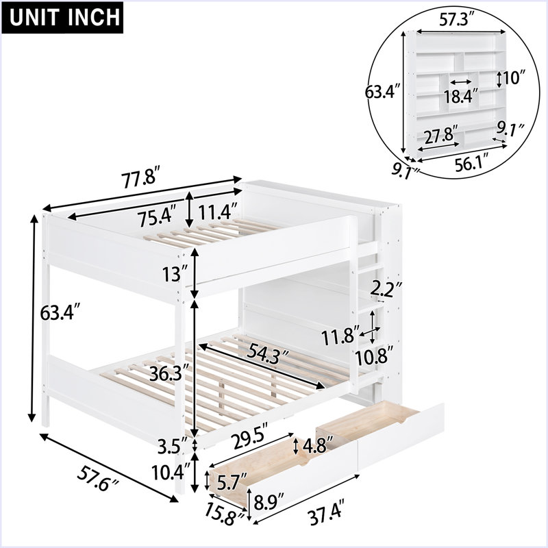 Lit superposé avec 2 tiroirs et armoire à couches multiples, Blanc, Double