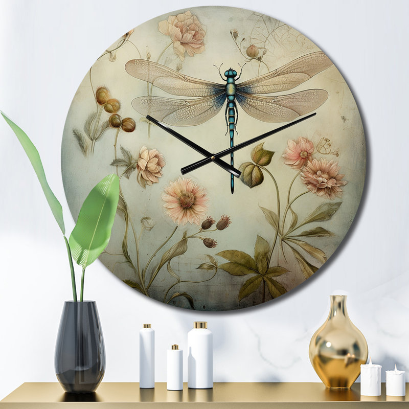Horloge murale rétro en métal avec libellule volant II, Moyenne