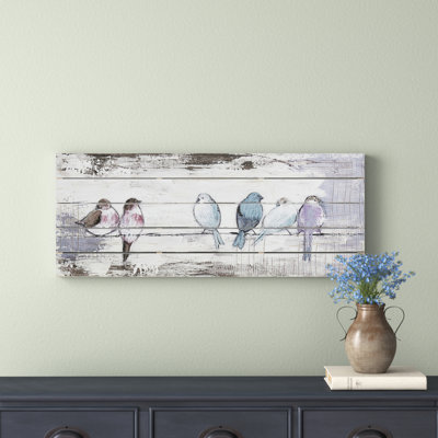 Runda Perched Birds 30"W x 13"H Rectangle Hand Painted Wood Plank Panel Wall Décor