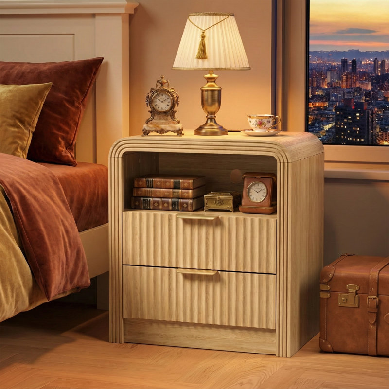 19.7" Fluted Nightstand, USB/Type-C, 2 Drawers, White, Natural
