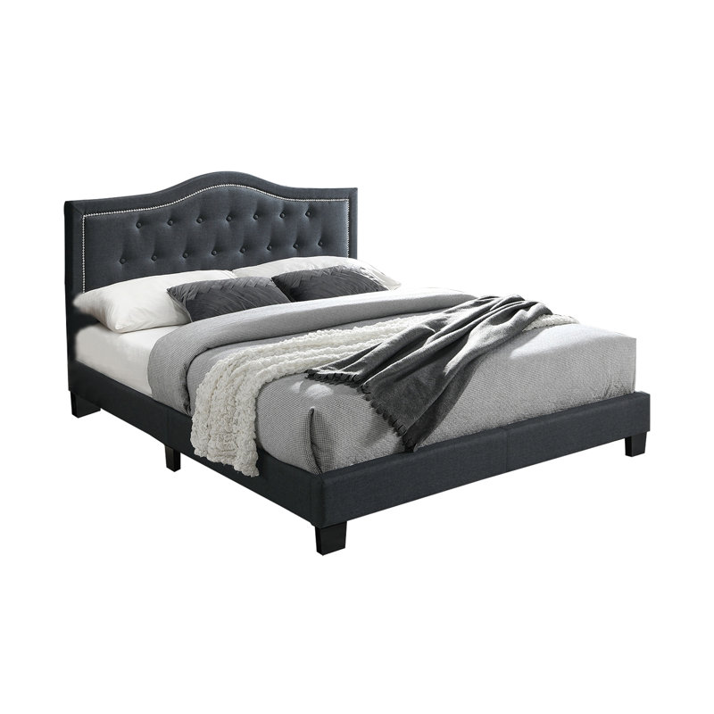 Light Brown Queen Linen Upholstered Bed with Tufted Headboard