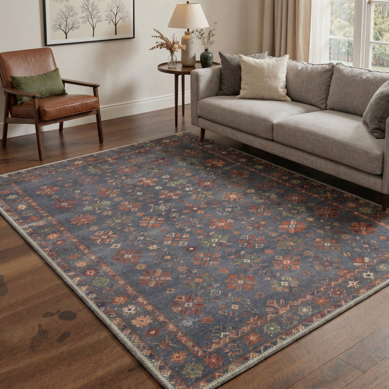 Veridian Geometric Floral Machine Washable Red / Blue Indoor Area Rug with Non-Slip Backing, Rectangle 5' x 7'