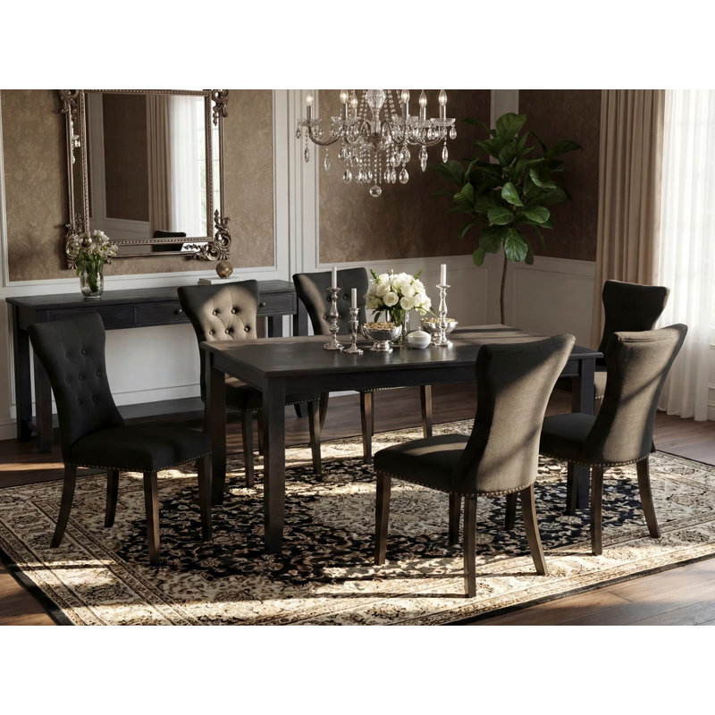 Ensemble de meubles de salle à manger 7 pièces comprenant une table de salle à manger rectangulaire et 6 chaises Parsons en tissu noir, noir