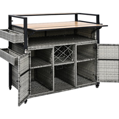 Outdoor Grill Cart With Exterior, Foldable Hidden Storage, - Wood Table, Spice , Wine Glass Holder, Grey Tabletop, Design, Rack, Lockable Wheels,
