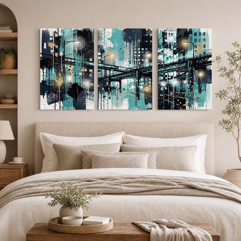 Ensemble de 3 toiles surélevées bleu sarcelle abstraites, 36"H x 24"W x 3pcs