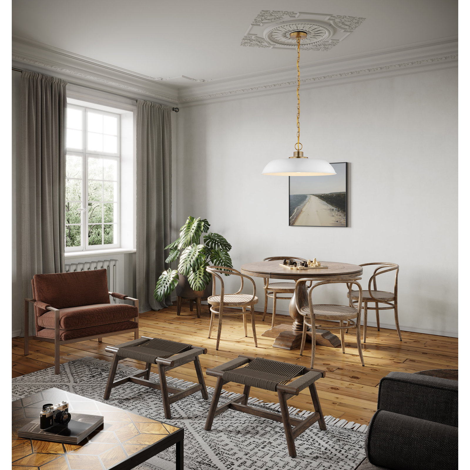 Eddy Dimmable Dome Single Light Pendant, Matte White/Burnished Brass, 8" H x 19" W x 19" D