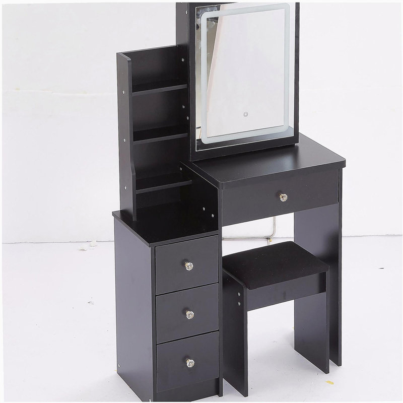 Petite coiffeuse 29,2 po avec tabouret de chevet gauche + grand tabouret rembourré, commande tactile, interrupteur tricolore, miroir à luminosité réglable, rangement grande capacité, convient aux petits espaces