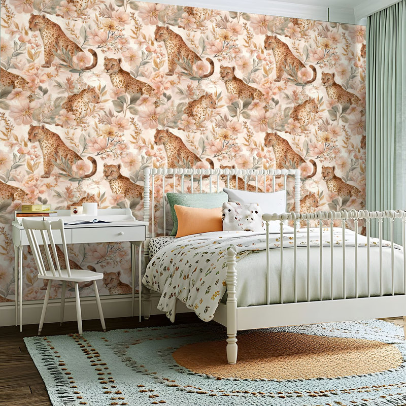 Papier peint adhésif peler et coller en PVC, revêtement mural auto-adhésif amovible avec imprimé léopard à l'aquarelle floral, imperméable pour la décoration intérieure - rouleau