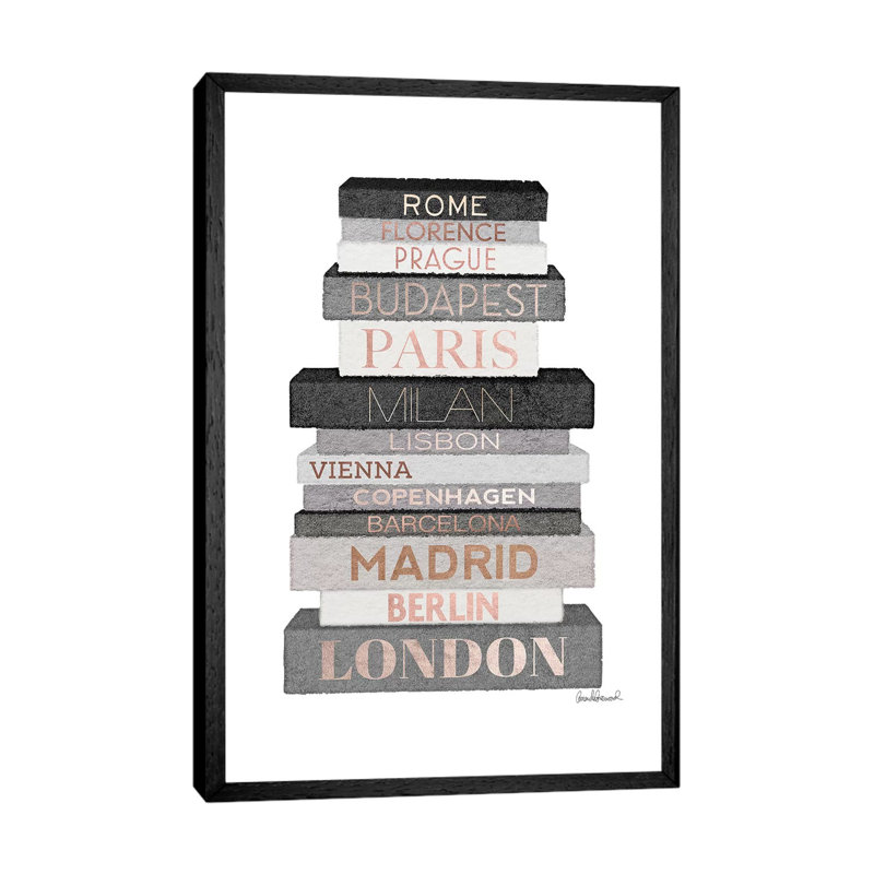 City Books Europe, Grey & Rose Gold by Amanda Greenwood - Painting on Canvas, 66.04 cm H x 45.72 cm W, Black Framed Canvas