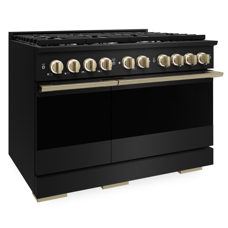 ZLINE Autograph 48 in. Marino Black Stainless Gas Range w/ 8 Gas Burners & Gold Accents