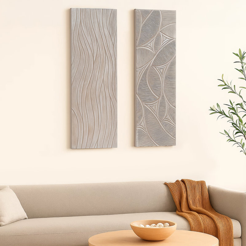 2Pc Wood Wall Art Panels | 16X48 Inch Abstract Geometric And Wave Pattern Decor| Distressed Gray