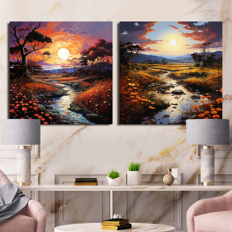 «Neo Expressionism Harmony Of River», 2 pièces, Toile tendue, H 16 po x l 33 po