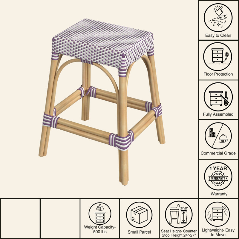 Robias Rattan Bar & Counter Stool, White/Purple Dot/ Natural Rattan Frame, Counter Stool (24.5" Seat Height)
