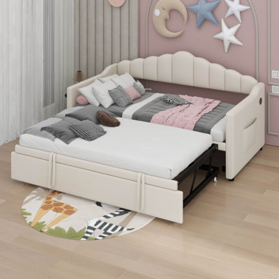 Upholstered Twin Size Daybed With Adjustable Height Pop Up Trundle And USB & Type-C Charging Port, 2 Side Pockets