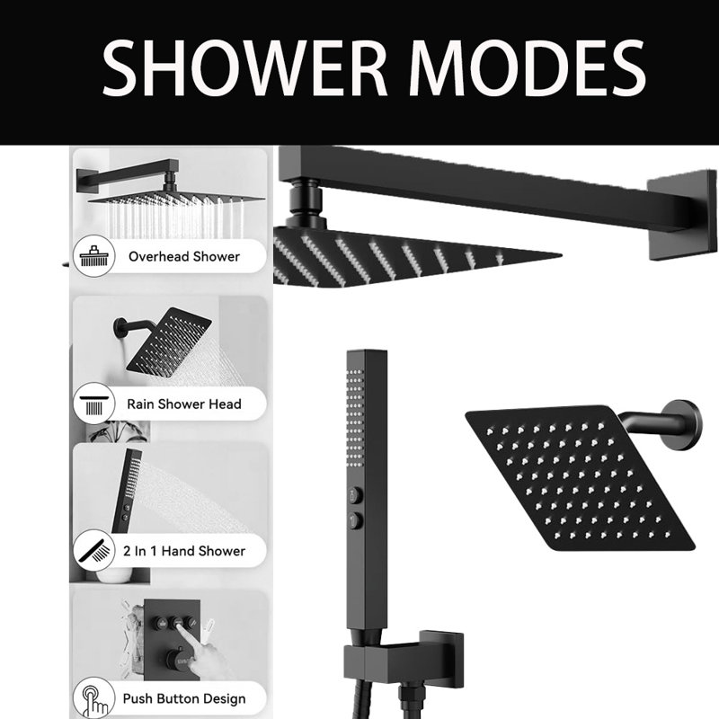 12+ 6" Wall Mount Rain Shower And 2 In 1 Handhled,Push Button 3 Modes Valve Complete Shower Set, Matte Black