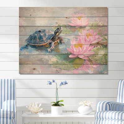 Tortue dans le nénuphar I - décoration murale moderne en bois sur bois de pin naturel