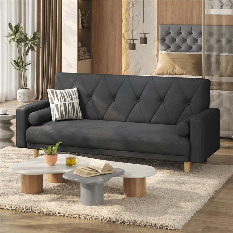 Tufted 3 Seater Sofa Bed, Polyester - Black