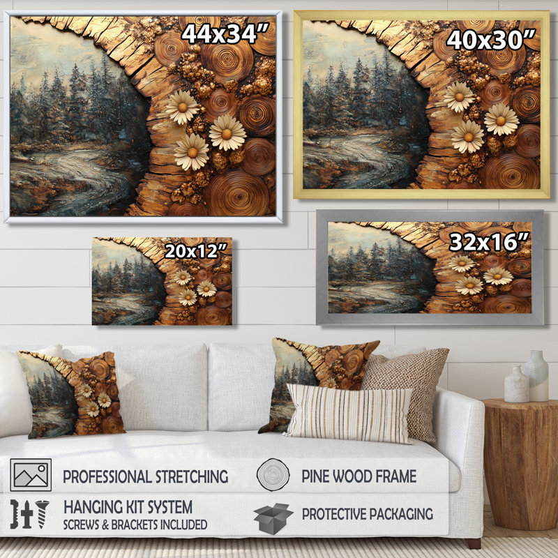 «Daisies Flowers Forest Wooden Landscape II» - marguerites, art mural, H 12 po x l 20 po, Reproduction avec cadre flottant
