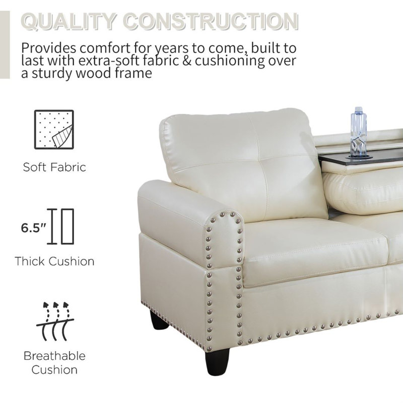 Ensemble de canapé élégant pour 4 personnes avec table basse réversible Elegant, Simili cuir blanc