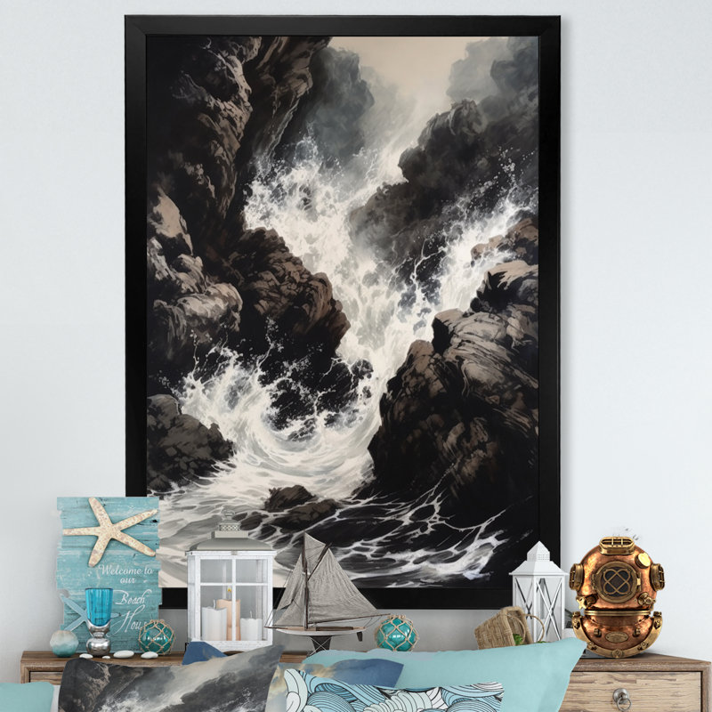«Crashing Rocky Coastline II», reproduction sur toile, H 32 po x l 16 po x P 1 po, Cadre photo noir