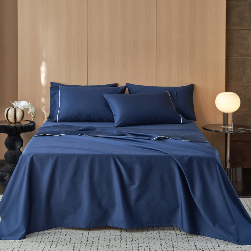 Ensemble de draps 100% coton satiné MooMee, Ensemble de draps pour très grand lit avec 2 taie, Navy Blue