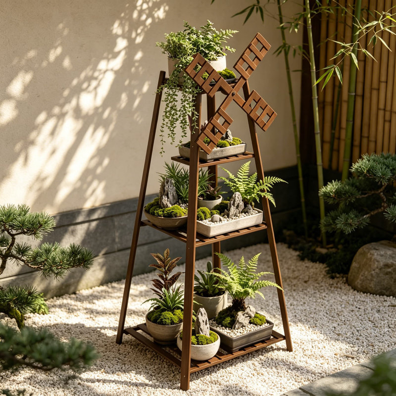 Support pour plante en bambou à 3 niveaux avec dessus de moulin à vent, support de présentation rétro pour jardin intérieur extérieur, patio, décoration de balcon
