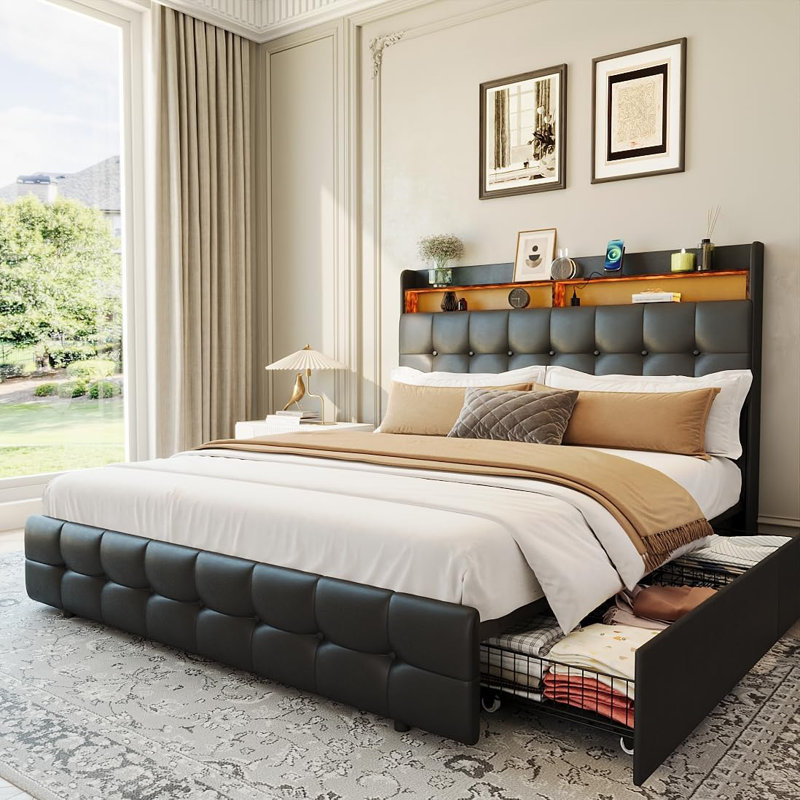 Structure de lit grand / double rembourré avec lumières DEL, tête de lit et 2 tiroirs de rangement, prise de charge et ports USB, tissu moelleux doux, silencieux