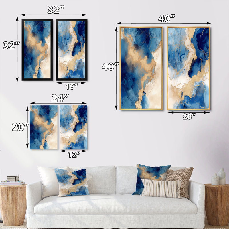 «Blue and Gold Marble Clouds VI», 2 pièces sur toile, H 32 po x l 32 po, Encadrement doré