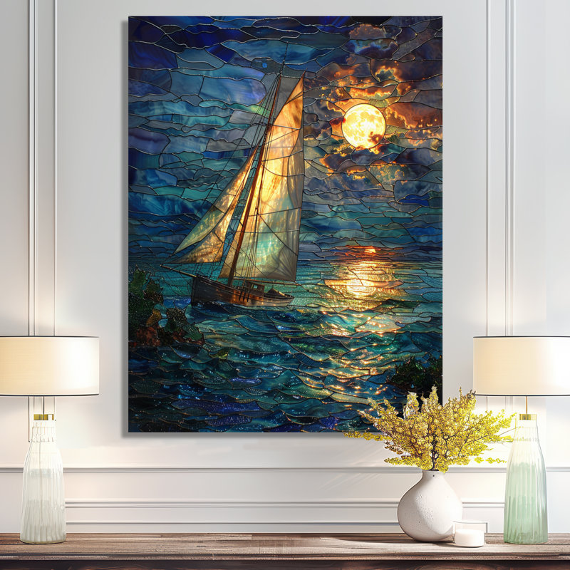 Voilier sur des vagues turquoise sous la pleine lune blanche - art mural plage et océan, Toile tendue