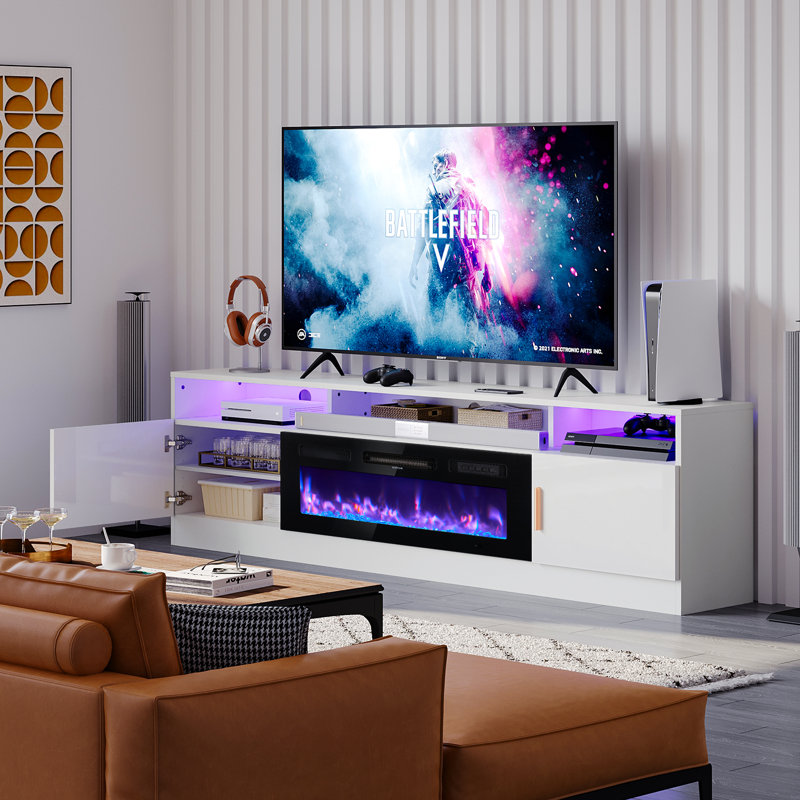 70" Gaming TV Stand for TVs up to 80", Media Console with Electric Fireplace and Large Storage Space, White/Gold
