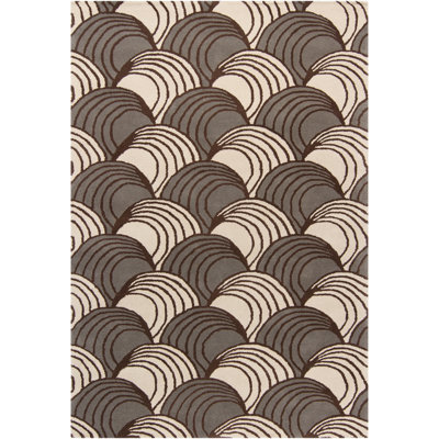 Yiwei Authentic Hand-Tufted Handmade Cream, Grey & Deep Brown Art Deco Scalloped Fan Wool Area Rug