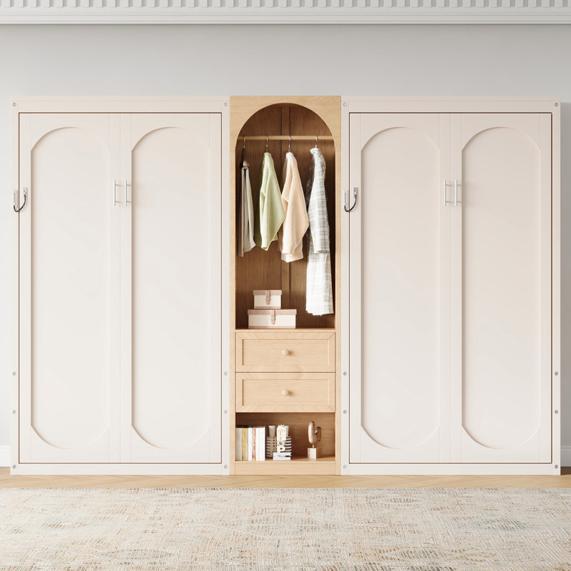 Deux lits simples escamotables avec garde-robe, rangement, 2 tiroirs, économie d'espace, beige et bois