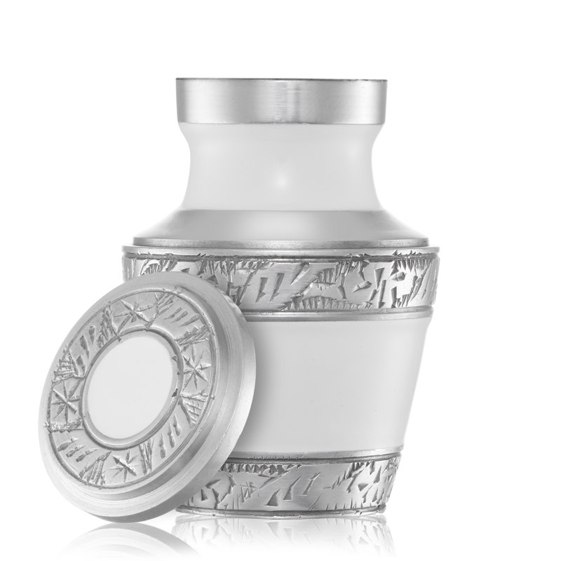Decorative Miniature Keepsake Memorial Urn, White and Silver