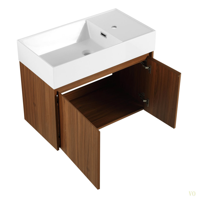 Armoire de salle de bain 30 po avec lavabo, portes à fermeture douce, fixation flottante, pour petite salle de bain, Noyer