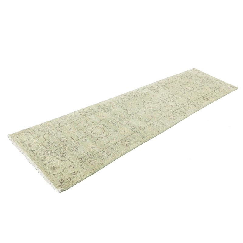 Tapis oriental en laine vert floral Elander, Tapis de couloir 2 pi 5 po x 9 pi 10 po
