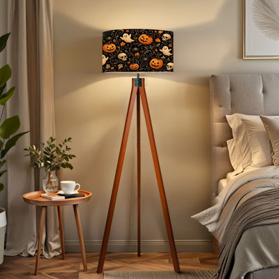Tripod Standing Lamp Whimsical Halloween Ghosts Pumpkins Skulls Autumn Leaves Remote Control Dimmable LED Floor Lamp Mid Century Beech Wood Legs Detachable Linen Drum Shade for Living Room Bedroom Home Office
