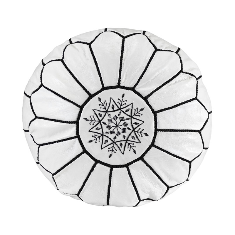 Leather Pouf, White/Black Genuine Leather