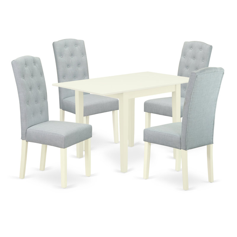 L'ensemble de table de salle à manger 5 pièces comprend une table de cuisine rectangulaire avec Dropleaf et 4 chaises rembourrées en tissu bleu lin, blanc lin