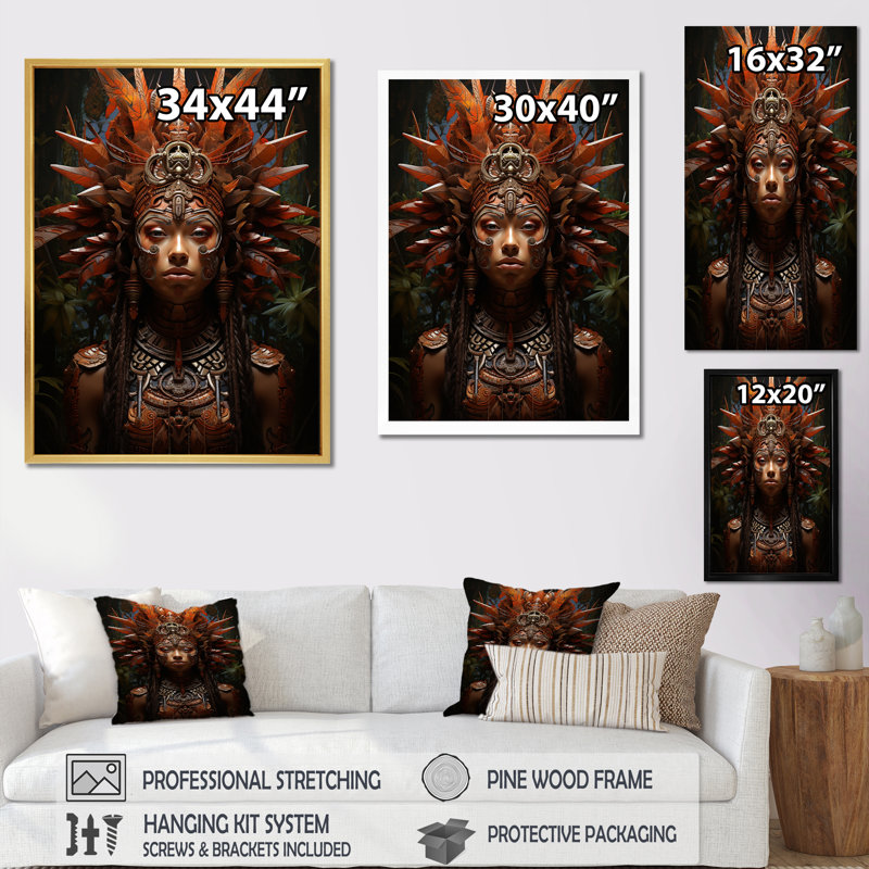 Ancien masque aztèque I - art mural africain sur toile, Cadre doré simple, H 44 po x l 34 po x P 1,5 po