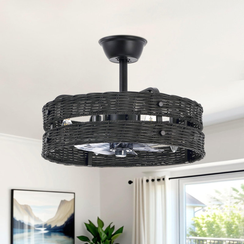 18.5" Coastal Boho Rattan Caged Ceiling Fan With Light Kit and Remote Control, Black