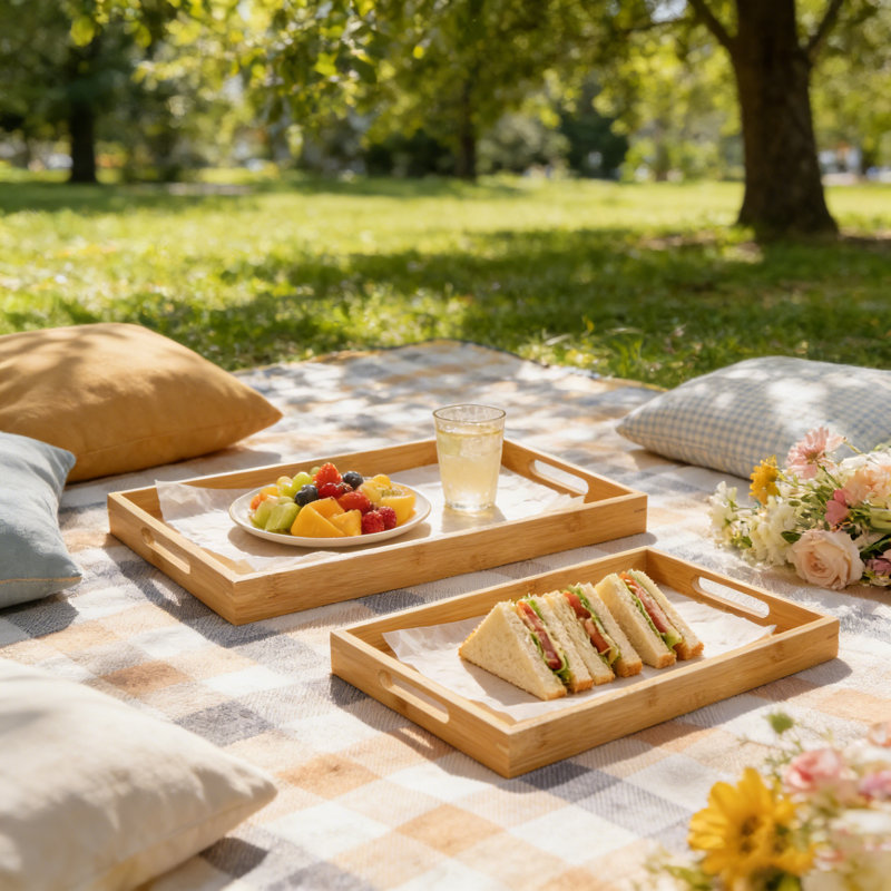 2 PCS Bamboo Serving Tray Set,Breakfast Bed Trays with Handles – Natural Wood Rustic Serving Platters for Breakfast in Bed, Home Decor, Cake Display, and Fruit Bowl Holder