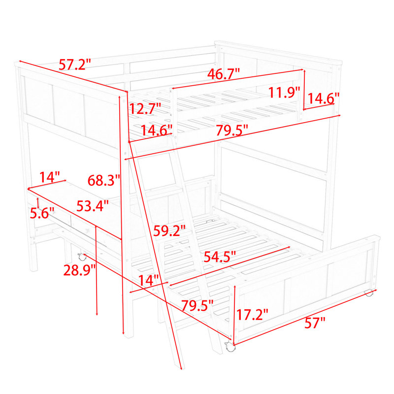 Lit superposé en bois avec bureau et tiroirs Janush, Double sur double, Blanc