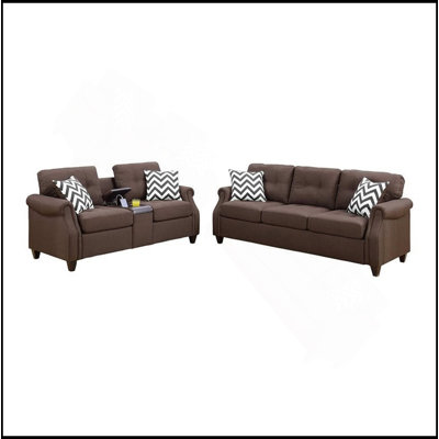 2Pcs Sofa Set Living Room Furniture Dark Coffee Plush Polyfiber Sofa Loveseat W Console Pillows Couch