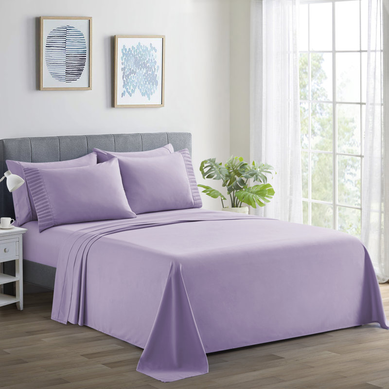Ensemble de draps 6 pièces avec 4 taies d'oreiller plissés en rayonne de coton rayé 4 pièces Marina, Violet