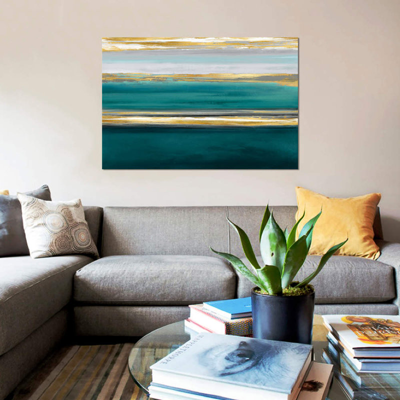 «Parallel Lines On Teal» par Allie Corbin - estampe numérique sur toile tendue avec châssis, H 40 po x l 60 po x P 1,5 po
