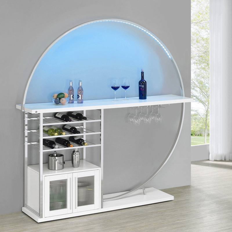 Bar moderne à 2 portes avec éclairage à DEL, étagère à verres à pied intégrée et compartiment de rangement pour bouteilles