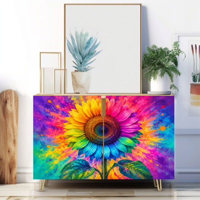 Buffet étroit de 35,4 po de largeur - armoire de rangement d'appoint à 2 portes avec impression éclatante de peinture colorée de tournesol arc-en-ciel et pieds en métal