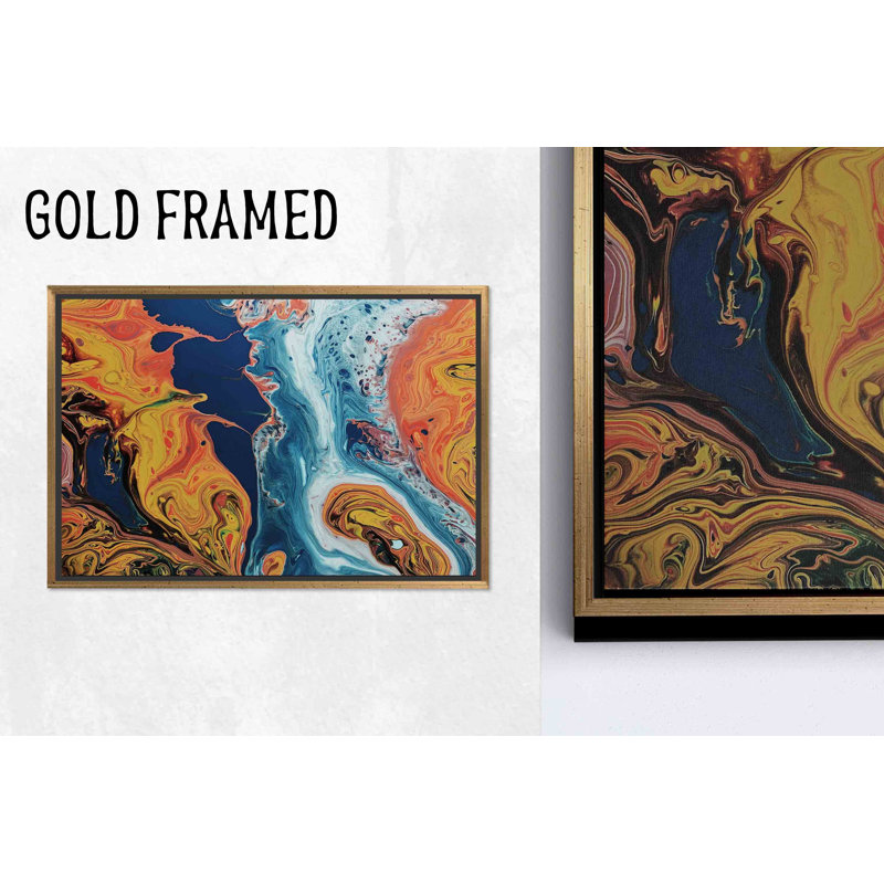 Élégante reproduction abstraite sur toile de verre trempé orange et bleu, 1P encadrée d'or, 59,1 po H x 102,4 po l