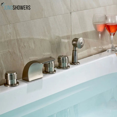 Juno Monora Brushed Nickel Waterfall Tub Faucet Three Handles With Handheld shower