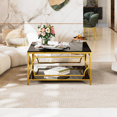 33.5" Square Glass Coffee Table With Gold Geometric Metal Frame And Lower Shelf, Perfect For Modern - Style Homes Tempered Frame, Shelf Magazines, Reliable